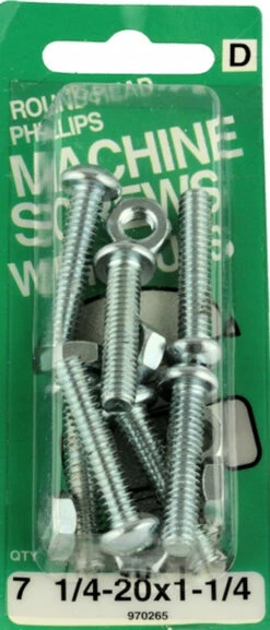 Hillman 1/4 - 20x1-1/4" Round Head Machine Screws With Nuts - 7 Pack