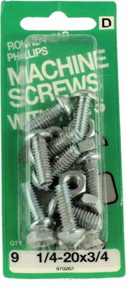 Hillman 1/4- 20x3/4" Round Head Machine Screws With Nuts - 9 Pack