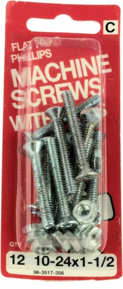 Hillman 10-24 X1-1/2 Flat Head Machine Screws W/ Nuts - 12 Pack H-06-3517-356
