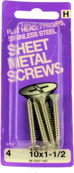Hillman #10 X 1-1/2" Flat Head Sheet Metal Screws - 4 Pack H-06-2537-163