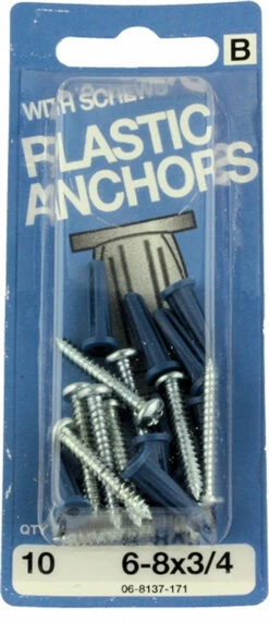 Hillman 6-8x3/4 Plastic Anchors With Screws - 10 Pack
