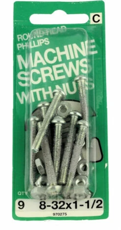 8-32 X 1-1/2" Round Head Machine Screws With Nuts - 9 Pack