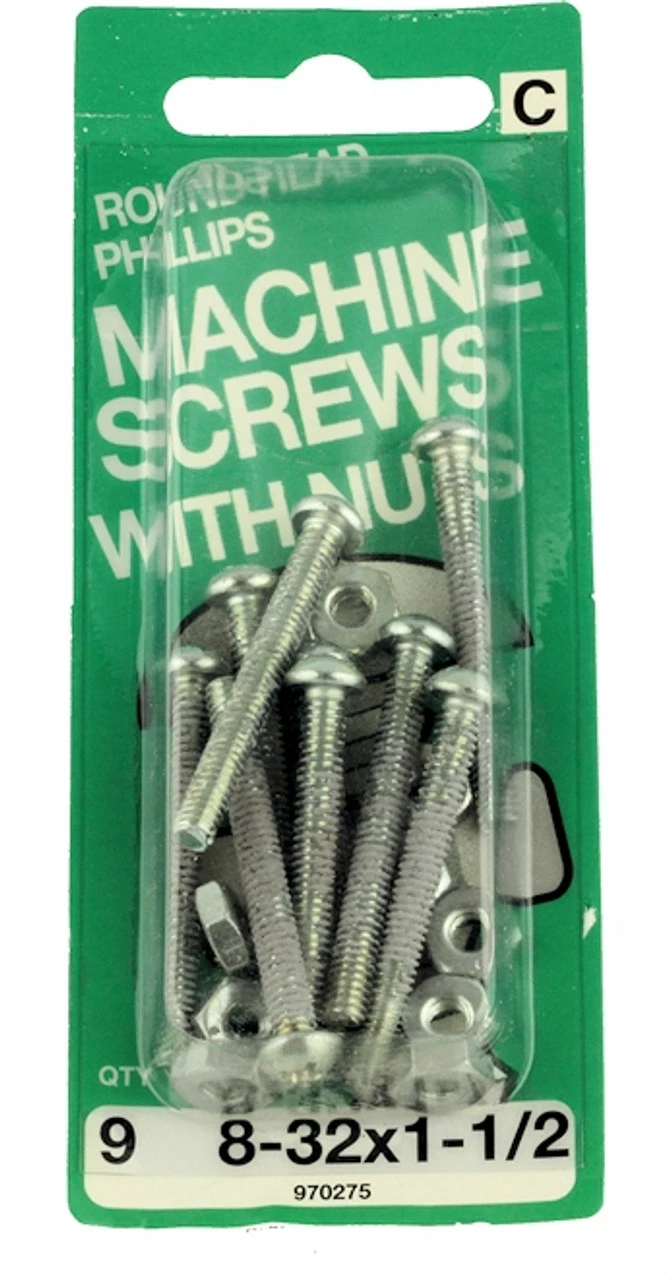 8-32 X 1-1/2" Round Head Machine Screws With Nuts - 9 Pack 3 8-32 X 1-1/2" Round Head Machine Screws With Nuts - 9 Pack