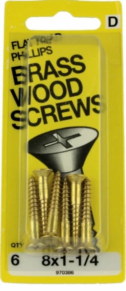 Hillman #8 X 1-1/4" Flat Head Brass Wood Screws - 6 Pack H-970386