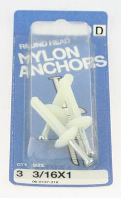 Hillman Round Head Nylon Anchors - 3/16 X 1" - 3 Pack H-06-8137-318