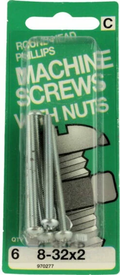 Hillman Round Head, Phillips, Machine Screws W/ Nuts, 8-32x2, 6 Pack H-970277